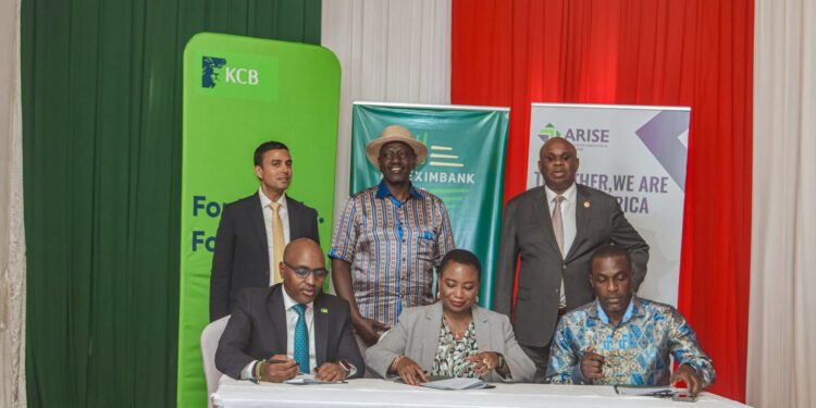 Mr. Paul Russo (from left), Group CEO KCB Group PLC; Ms. Oluranti Doherty, Managing Director Export Development, Afreximbank and Mr. George Olaka, CEO Arise IIP-Kenya during the signing of the US$800 million funding deal for Vipingo Special Economic Zone (SEZ) in Kilifi County. They are flanked by Mr. Gagan Gupta (left), Founder and CEO Arise IIP, H.E. William Ruto, President of the Republic of Kenya and Prof. Benedict Oramah, President and Chairman of the Board of Directors of Afreximbank.