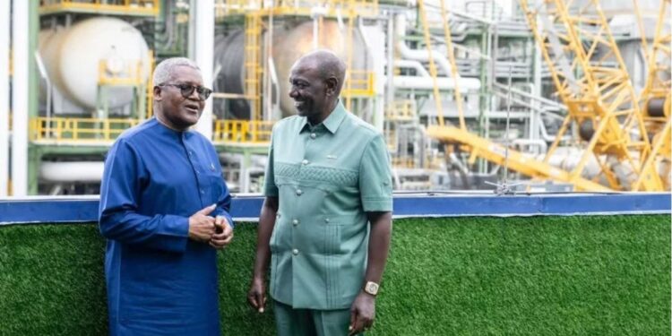 President William Ruto with billionaire Aliko Dangote at Dangote refinery